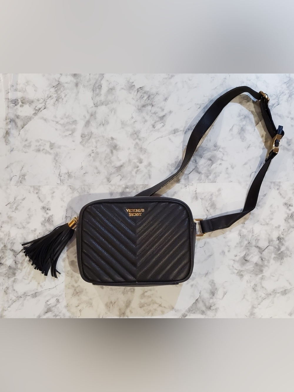 Victoria's Secret Black Zip Close Tasseled Fanny Pack Gold Hardware Bag Purse